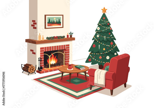 A cozy room with a Christmas tree fireplace armchair and rug creates a warm festive atmosphere