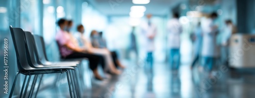Hospital waiting room with people sitting on chairs and medical staff  