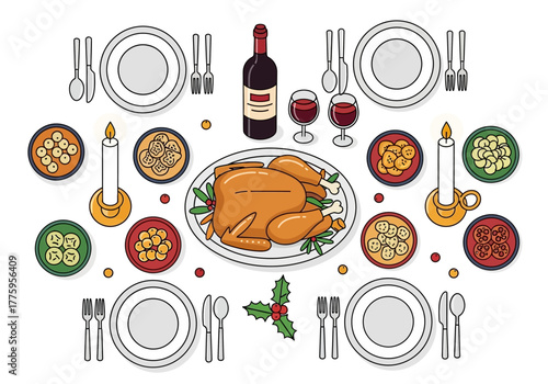 Illustration shows a laid table for a holiday meal with a roasted bird centerpiece and place settings