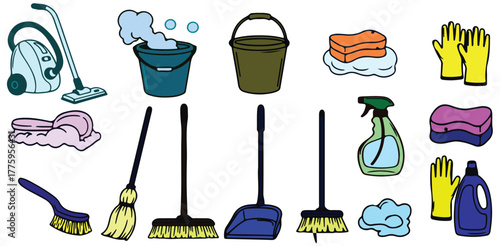 Cleaning Equipment Icons, household cleaning tools and supplies including broom mop bucket sponge spray bottle gloves and vacuum cleaner for hygiene housekeeping and sanitation design
