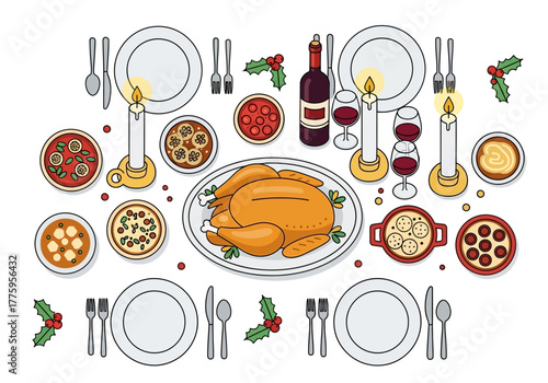 Holiday dinner scene turkey wine candles side dishes on a white table with place settings and festive holly