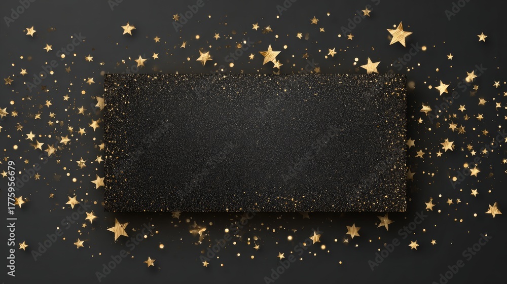 Obraz premium Merry christmas concept with black blank ticket on sparkling glitter texture background featuring golden shiny stars, holiday greeting card, template, banner, or label for festive wishes and seasonal 