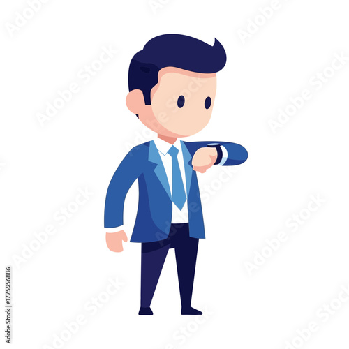 A cartoon businessman in a blue suit checks the time on his wristwatch.