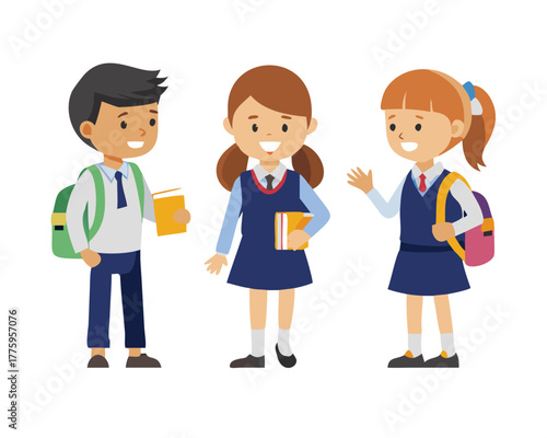School kids student vector characters set. Back to school boy cartoon characterswith school uniform talking and doing educational activities. Vector ... See More