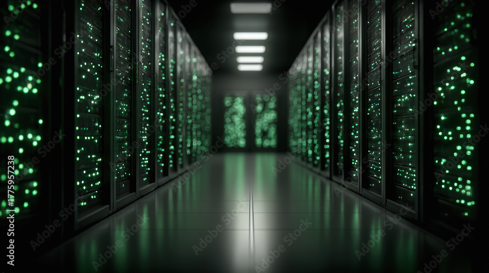 Fototapeta premium Server rack aisle with green lights pulsing softly, modern data center technology, secure, futuristic, efficient, digital infrastructure