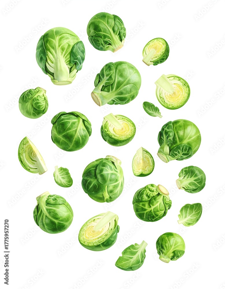 Fototapeta premium Fresh, raw Brussels sprouts arranged against white background