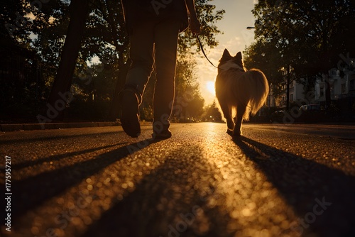 Golden Hour Stroll - A Person and Dog Walking into the Sunset.
