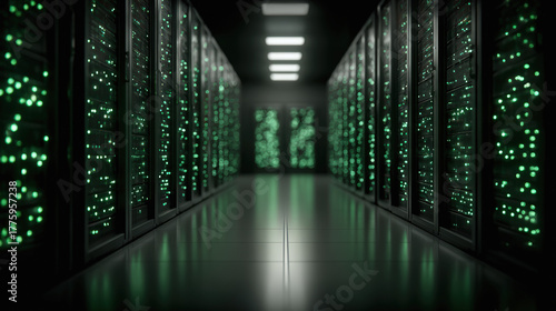 Server rack aisle with green lights pulsing softly, modern data center technology, secure, futuristic, efficient, digital infrastructure