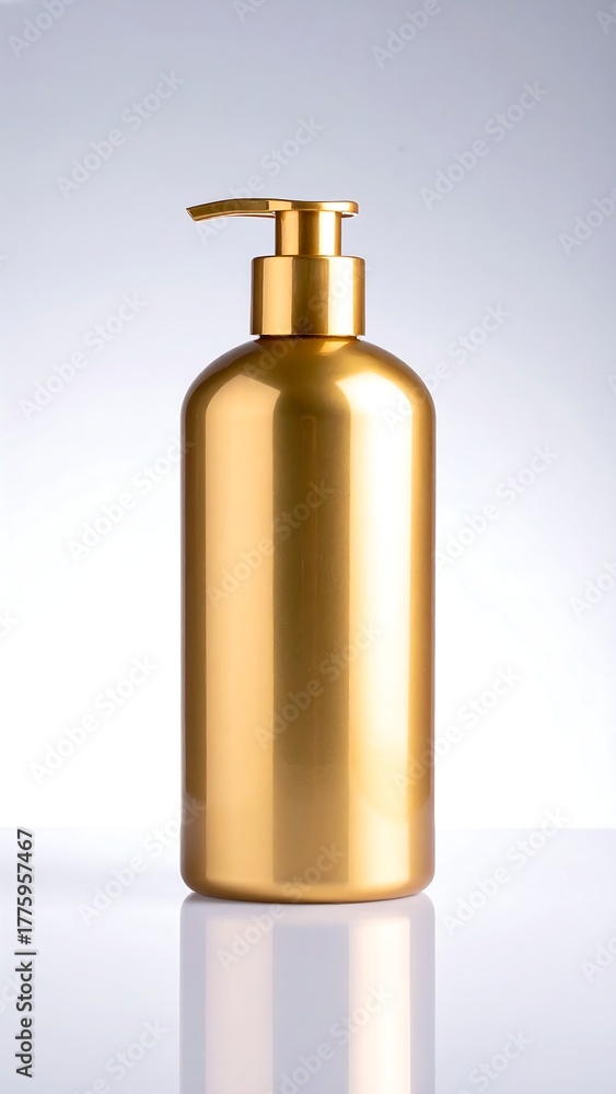 Naklejka premium Gold-colored dispenser bottle, filled against a gradient white backdrop