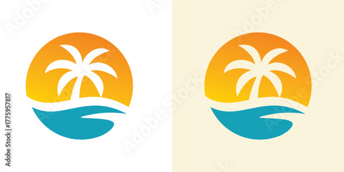 Tropical Palm Sea Circle Logo , A clean dual-meaning design merging a palm tree, ocean waves, and circular shape to symbolize vacation paradise, island escape, beach lifestyle