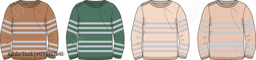 Collection of four long-sleeve striped crew neck sweaters in distinct color variations, ideal for fashion design, apparel development, and clothing product visuals