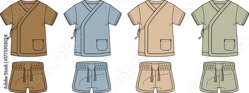 Fashion flat sketch of a baby and toddler clothing set featuring a kimono-style wrap top and matching shorts in a variety of neutral colors. Vector template for apparel design
