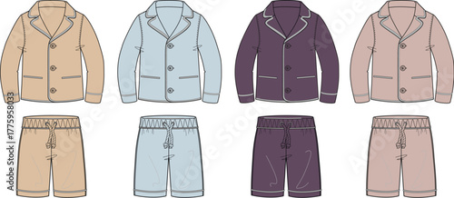 Set of colorful buttoned jacket and shorts, perfect for comfort, relaxation, and style