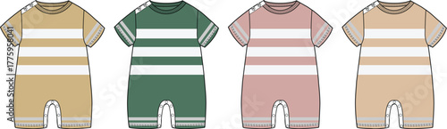 Four different colored baby rompers, each with horizontal white stripes on the sleeves and hemline, displayed in a row