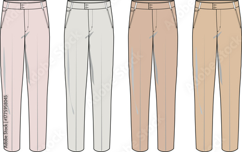 Fashionable women's trousers in various muted colors, featuring a tailored fit and casual style, perfect for everyday wear