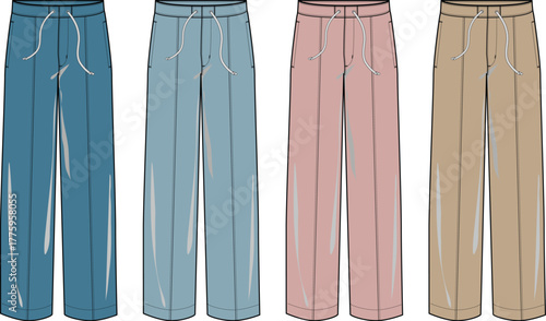 Set of women's wide-leg sweatpants fashion flat technical sketch. Casual loungewear trousers with drawstring waist in four colors. Apparel design vector template