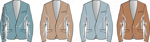 Illustration of four stylish blazers in different colors light blue, beige, pale blue, and light brown