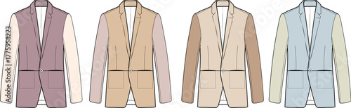 A set of men's color block blazers in a fashion technical flat sketch. Vector illustration of a modern single-breasted jacket template collection