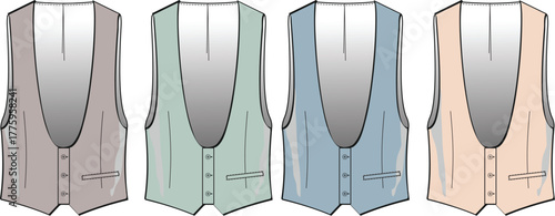 Collection of men's formal vests in various colors and styles for fashion design inspiration