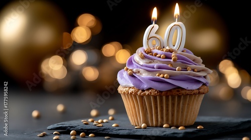 Purple and Gold Celebration Cupcake with Sixty Candles on a Slate Board
