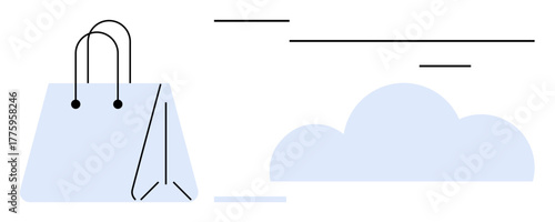 Shopping bag beside soft cloud in minimalist style highlighting digital shopping. Ideal for e-commerce, cloud storage, online shopping, retail, logistics, digital transformation, simple flat metaphor