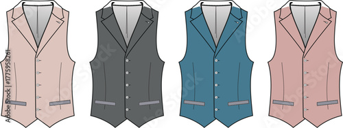 Set of men's classic waistcoat technical fashion flat sketches. Vector illustration of formal suit vests in four different colorways for apparel design