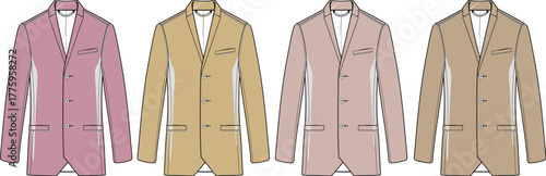 Stylized vector illustrations showcasing four distinct men's suit jackets in a range of fashionable pastel and earthy tones, ideal for clothing catalogs and design templates