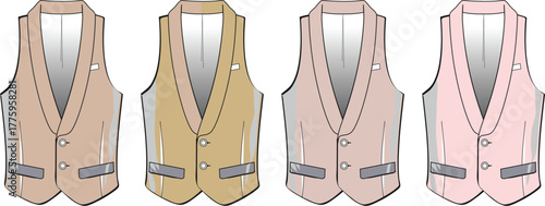 A stylish collection of men's tailored waistcoats in various neutral and pastel shades, offering elegant fashion apparel designs perfect for formal and semi-formal wear