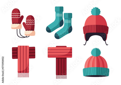 Six winter items mittens socks scarves and hats are neatly arranged on a white background