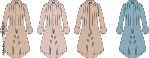 Fashionable long-sleeved women's shirt in four different pastel color options, showcasing elegant pleated detailing and a classic collar design, perfect for versatile styling