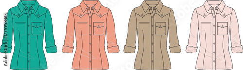 Collection of Women's Button-Down Shirts in Various Colors Fashion Apparel Illustration