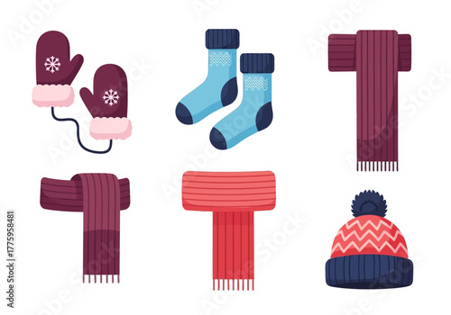 Winter wear mittens socks scarves and a beanie arranged in a simple colorful flat design