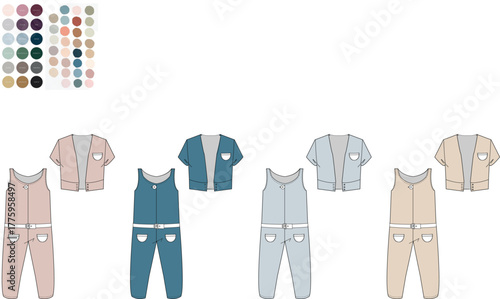 Vector fashion flat sketches of a versatile children's apparel collection, showcasing rompers and matching jacket designs in an array of appealing color options for garment production