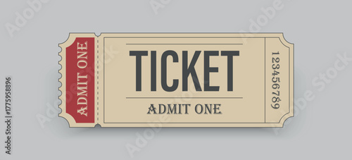 A vintage ticket. Vintage admit one ticket for event entry, retro design. A classic beige ticket