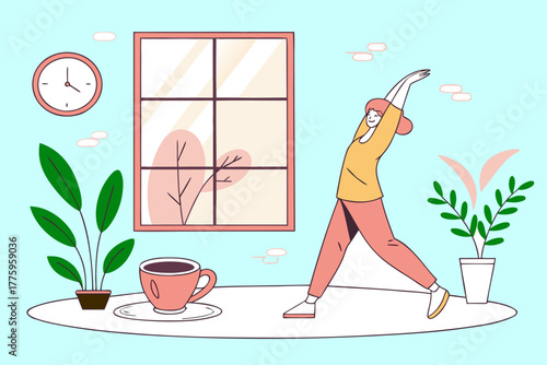 Morning Stretch Indoors – Wellness Illustration with Plants, Coffee, and Window View
