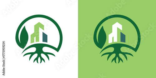Green Urban Tree Building Logo — A modern dual-meaning concept merging a tree and skyscraper to symbolize sustainable city living, eco architecture, and nature-integrated urban development.