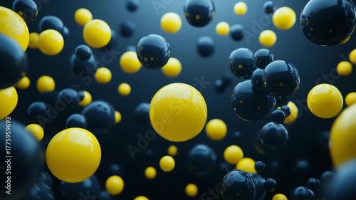 A dynamic display of numerous spheres in contrasting yellow and navy blue, against a dark background.