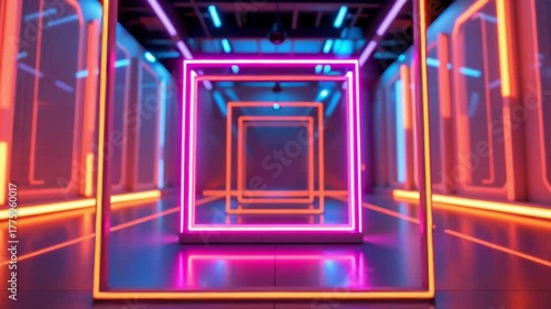 Neon tunnel glowing cube futuristic corridor blue light pink reflection symmetry geometric neon square hallway colorful vibrant cyberpunk illuminated