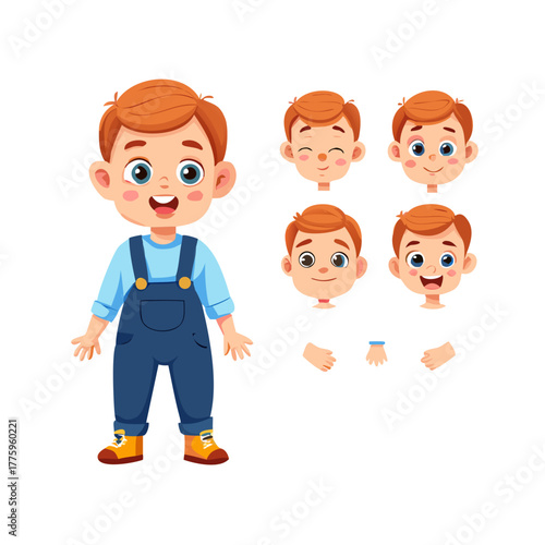 Cartoon boy character constructor with body parts and face emotions. Child expressions, leg poses and hand gestures for animation vector set
