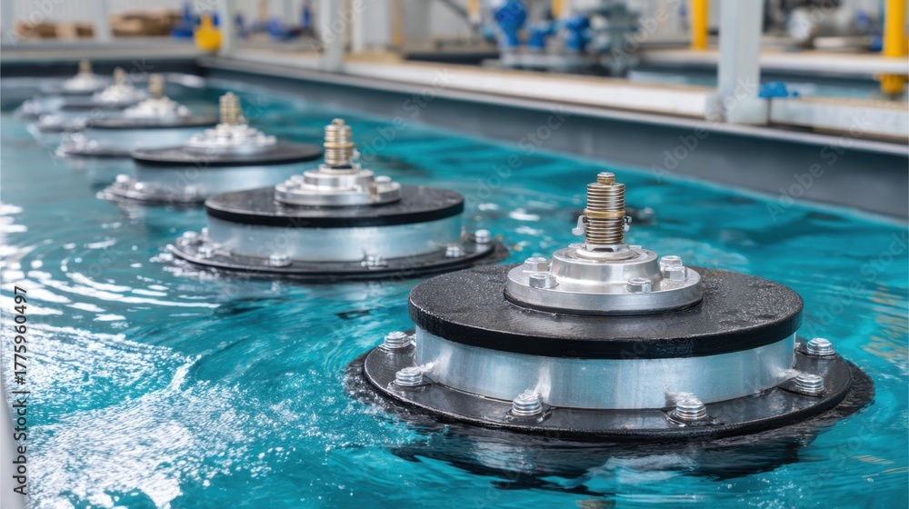 Obraz premium Industrial Water Treatment Process with High-Tech Equipment in Modern Facility Featuring Rotating Mechanical Components and Clear Blue Water Surface