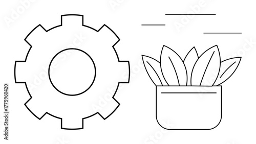 Gear beside potted plant representing synergy between growth and innovation. Ideal for technology, sustainability, eco-friendly development, teamwork, productivity, balance, and green innovation