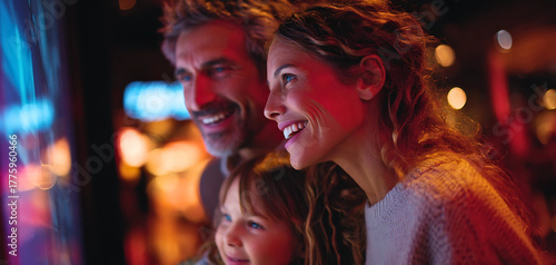 Happy family enjoying a vibrant night out at an arcade with colorful lights and games