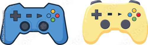Two game controllers, one blue and one yellow, are displayed isolated on white background. 
A pair of modern video game controllers, one blue and one yellow, presented side-by-side