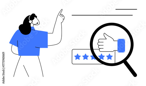 Person pointing to a review system with a thumbs-up gesture, magnifier, and five-star rating. Ideal for feedback, quality, approval, support, trust analytics and evaluation concepts. Simple flat