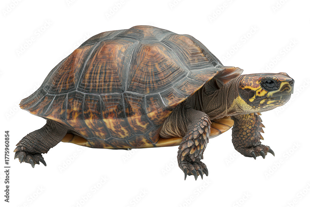 Obraz premium Brown and tan tortoise with patterned shell, isolated against black