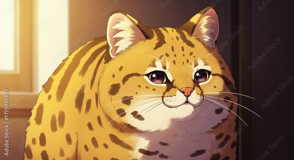 Fototapeta premium Chubby Feline's Contemplation: An endearing illustration showcases a plump cat gazing pensively, its gentle expression capturing a sense of calm and thoughtfulness.
