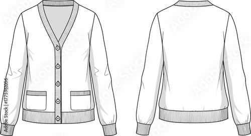 Cardigan sweater front and back technical flat sketch with ribbed cuffs hem and button placket, pocket detail fashion apparel design, cad drawing flat vector illustration