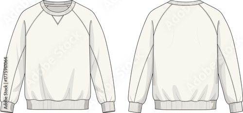 Crewneck sweatshirt raglan sleeve front and back flat sketch, ribbed cuffs hem and neckline detail, fashion technical drawing, casual apparel template, cad drawing flat vector illustration