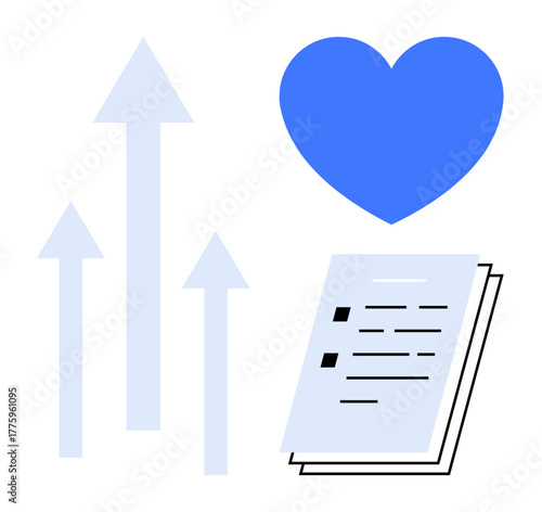 Papers with bullet points, upward arrows, and a heart symbolize progress, growth, learning, health, success, motivation and personal care. Ideal for education business health concepts simple flat