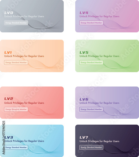 Set of Standard Member User Rank Level Cards with Golden Crown Design and Colorful Gradient Backgrounds